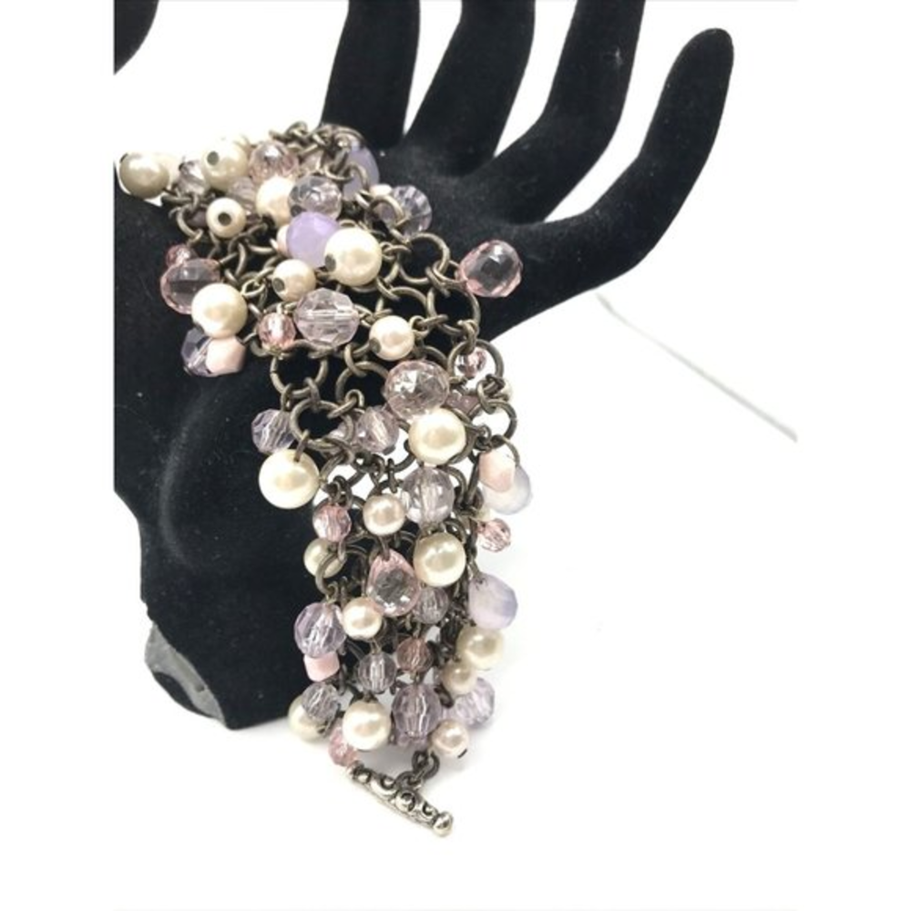 Cha Cha Ornate Jeweled Chain Circle links Faux Pearls Crystals Pink Bracelet